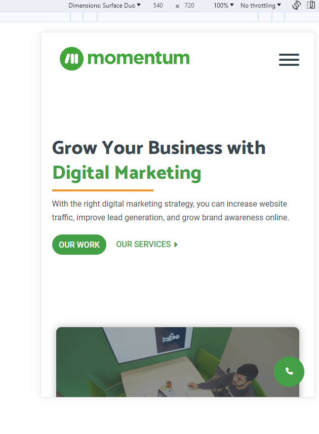 A screenshot of Momentum's website in Chrome's developer tools, showing a 540 x 720 view of the website, which are the dimensions of the Surface Duo. 