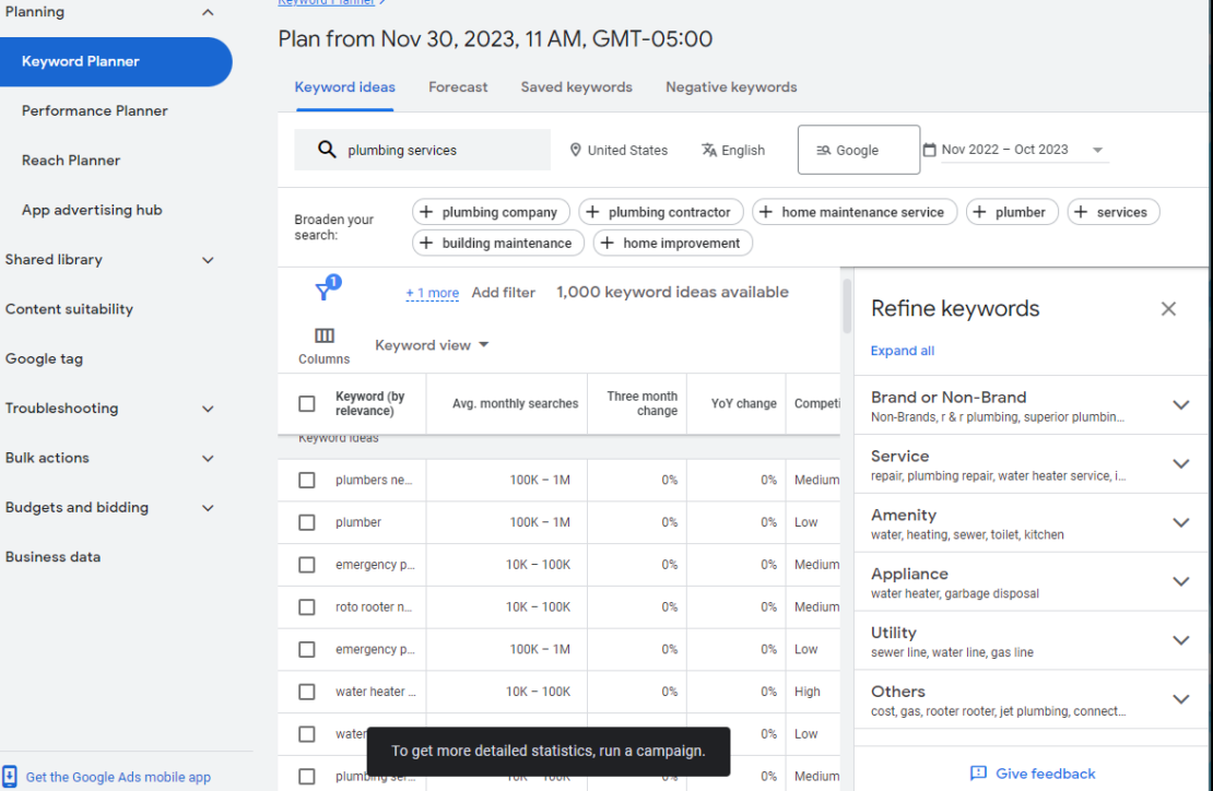 A screenshot from Google's keyword planner. The screenshot is a search for 'plumbing services.' The screenshot shoes a 'broaden your search' section with additional keywords relevant to plumbing, a chart showing avg. monthly searches and other pertinent information about the keyword, and a pop-up on the right that prompts the user to refine keywords based on search intent (brand/non-brand, service, etc.)